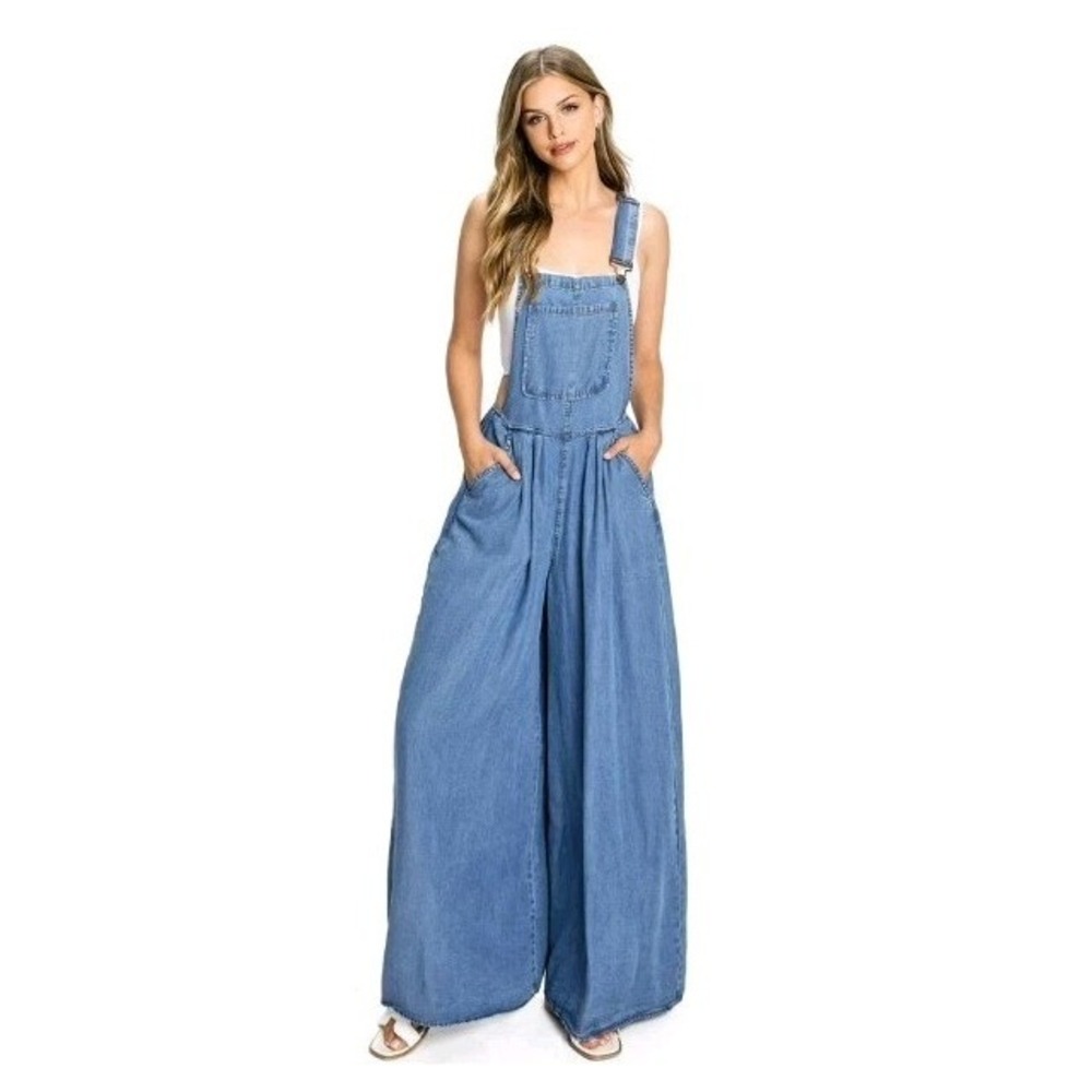Vibrant Miu Womens Wide-Leg Super Flare Chambray Overalls Small Boho Statement